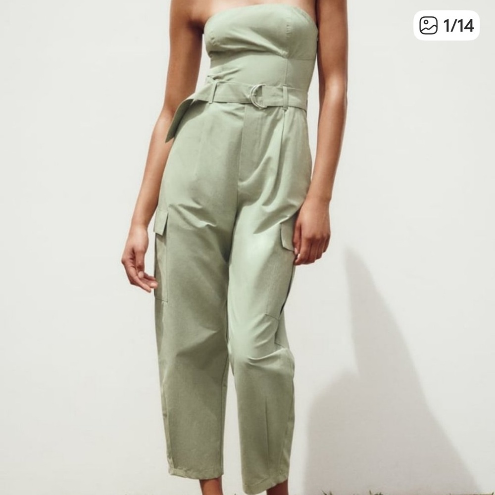 Zara green cargo strapless jumpsuit with belt size small